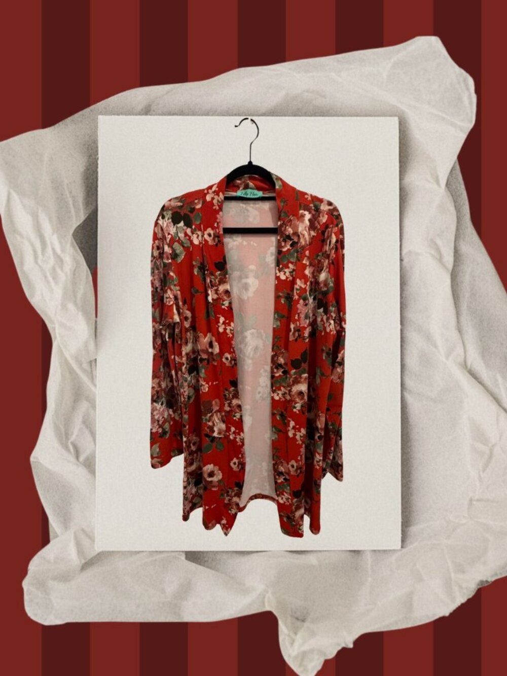 Filly Flair XL Red Floral Open Front Cardigan Lightweight Duster